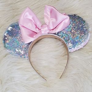 Disney Headband Mickey Mouse Minnie ears Sequin Flip Pink Silver Holographic